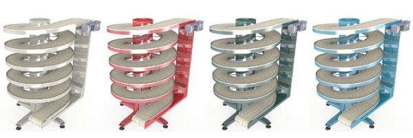 Four renderings of the same NEXUS spiral conveyor with its frame painted in four different colours: light grey, red, dark green and light blue.